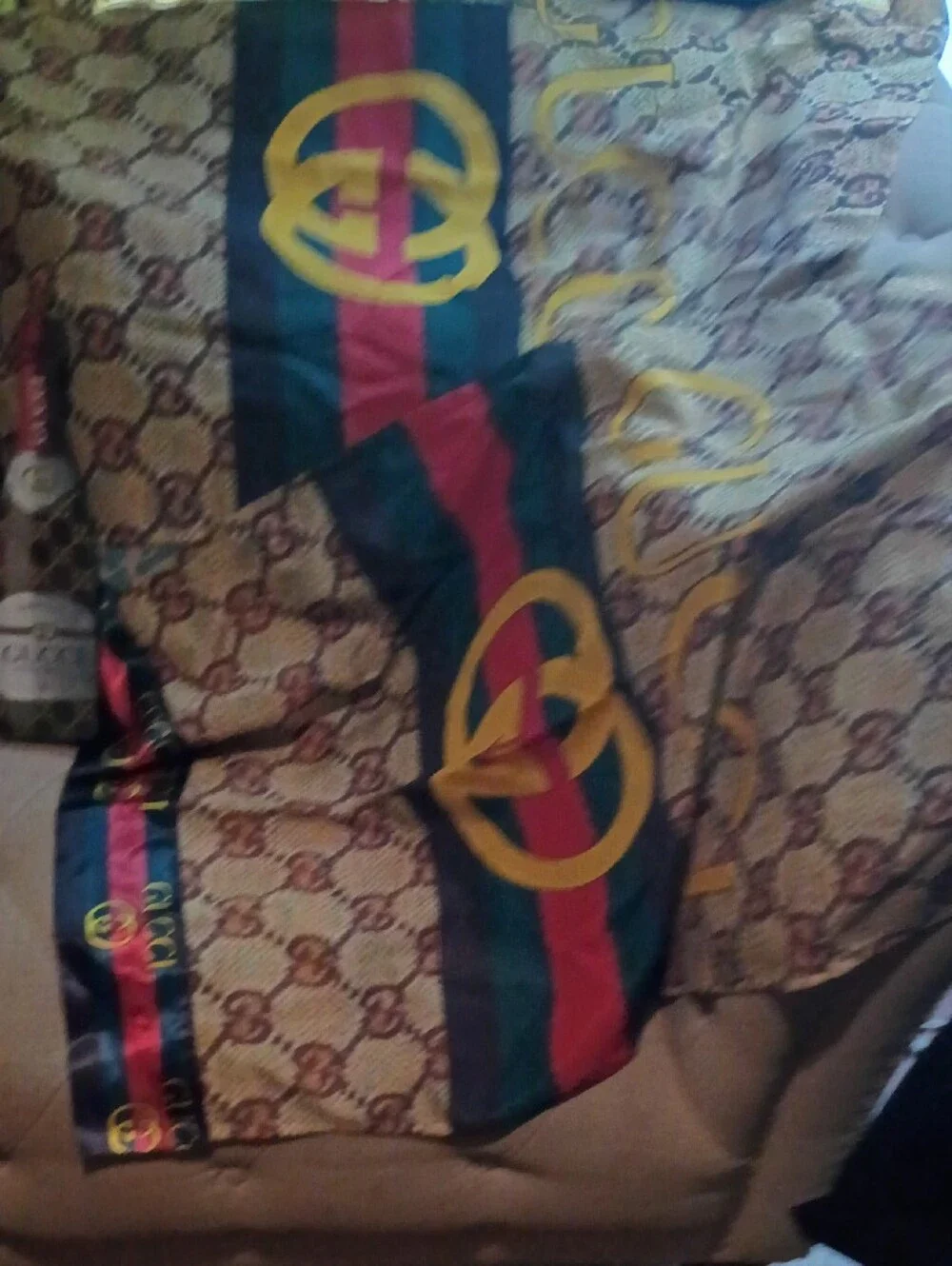 Gucci Brown Monogram Silk Curtains with Green & Red Stripes and Gold Logos